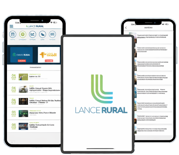 imagem de 3 dispositivos móveis exibindo o site do lance rural